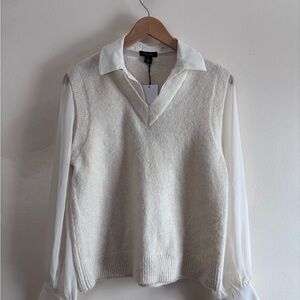 Halogen NWT Cream V-Neck Sweater Vest & Attached Chiffon Shirt size S